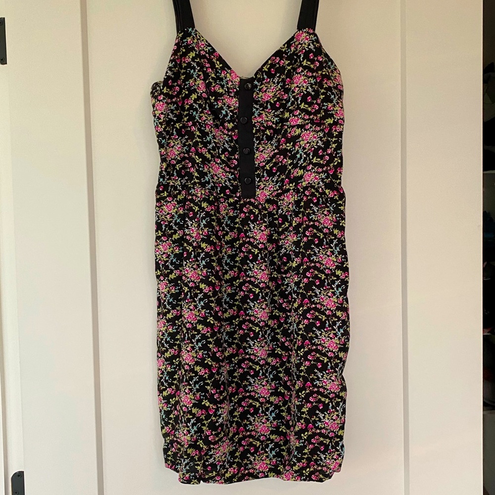Floral mini dress with black button detail